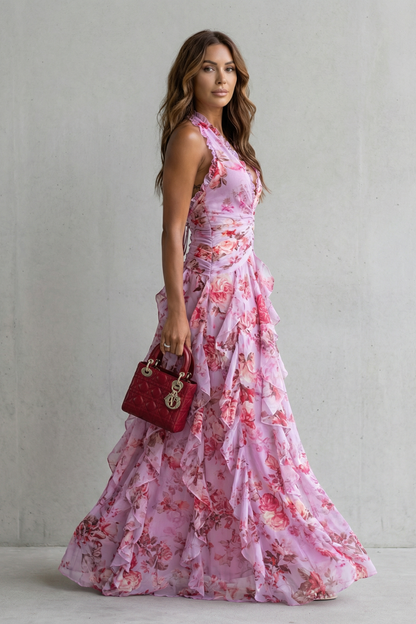 Belladina | Romantische Rosen-Cascata Lange Kleid mit Amerikanischem Ausschnitt