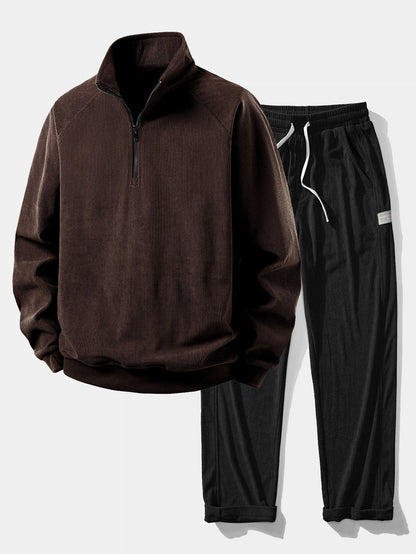 Quarter Zip Corduroy Raglan Ärmel Sweatshirt & Gerade Bein Corduroy Hose