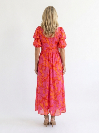 Willow | Florales V-Ausschnitt Midi-Kleid mit Puffärmeln