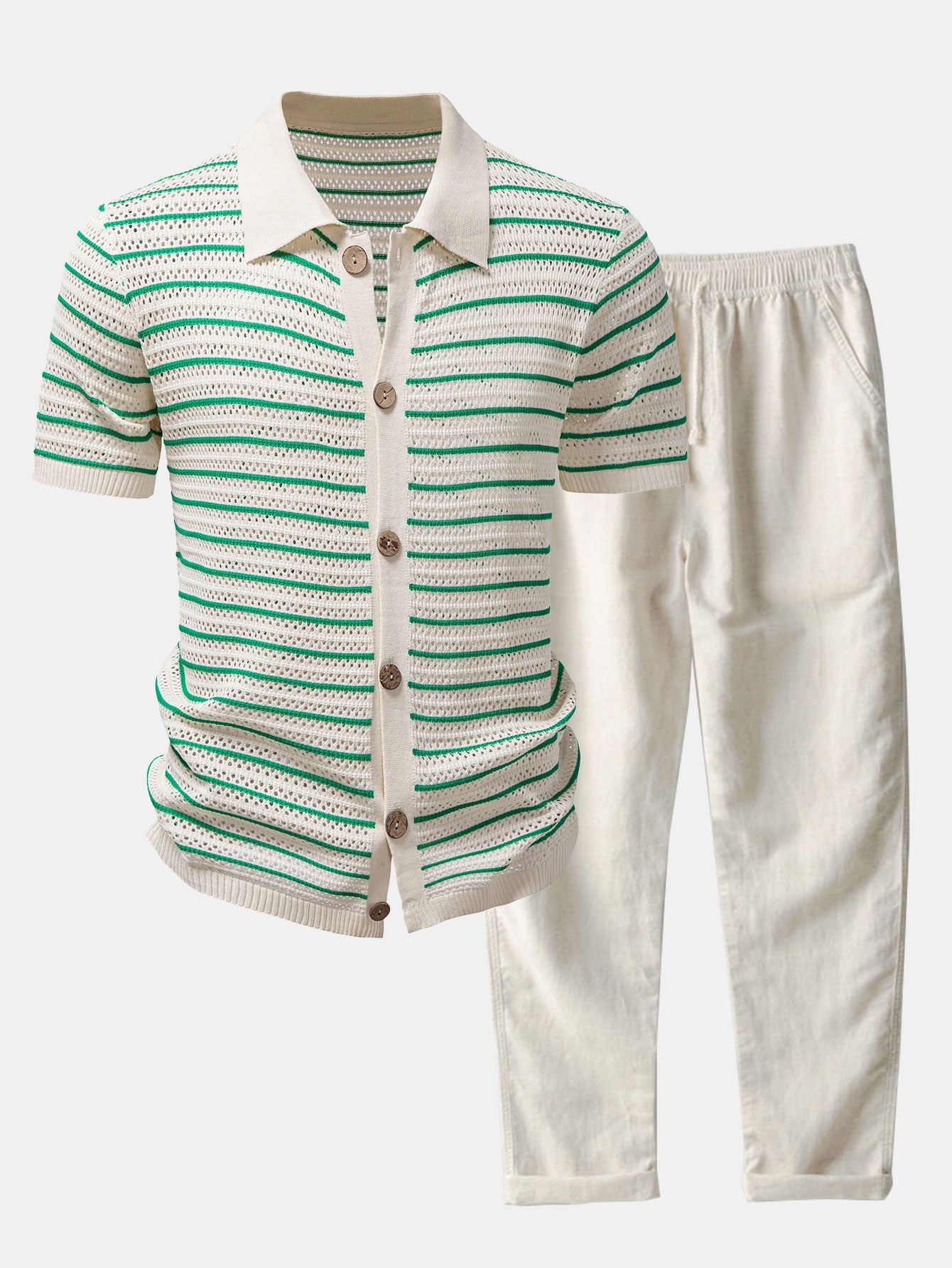 Gestreiftes Offenes Strickshirt & Gerade Bein Leinenhose