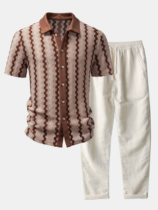 Kariertes Jacquard Hemd mit Knöpfen & Gerade geschnittene Leinenhose