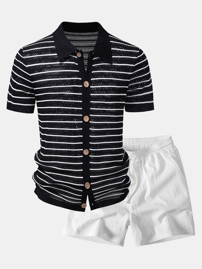 Streifen Offenes Strickshirt & Crinkle Texturierte Drawstring 5" Shorts