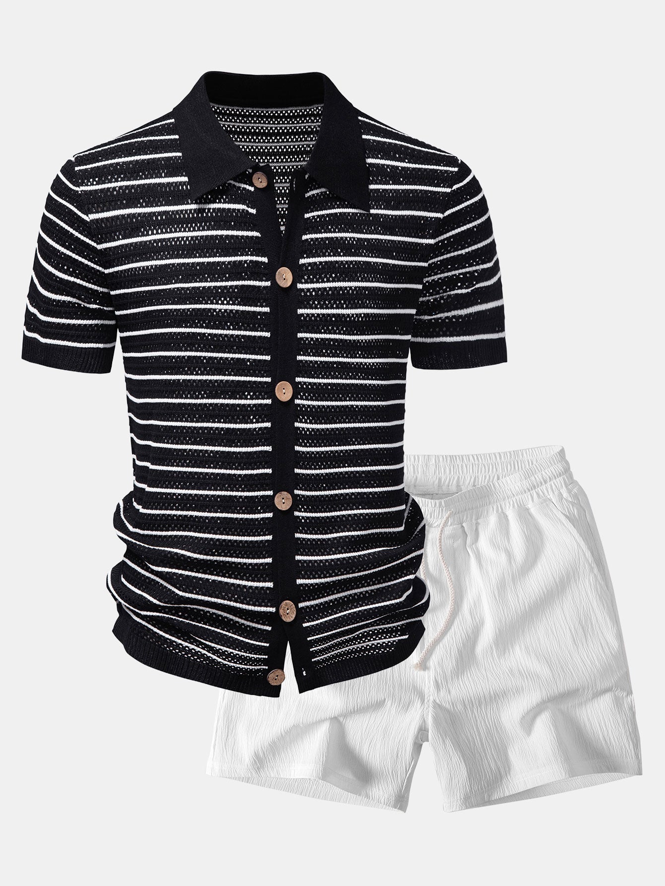 Gestreiftes Offenes Strickshirt & Crinkle Texturiertes Drawstring 5" Shorts