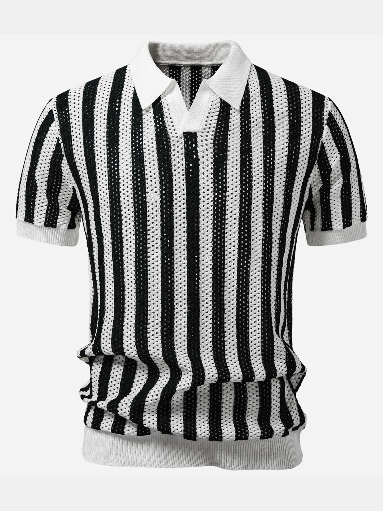 Streifen Johnny Kragen Offenes Strick Polo & Gerade Beinform Leinenhose