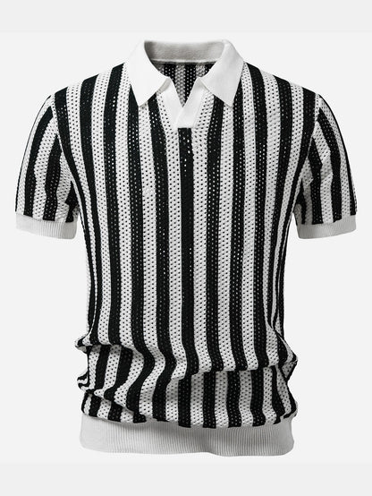 Streifen Johnny Kragen Offenes Strick Polo & Gerade Beinform Leinenhose
