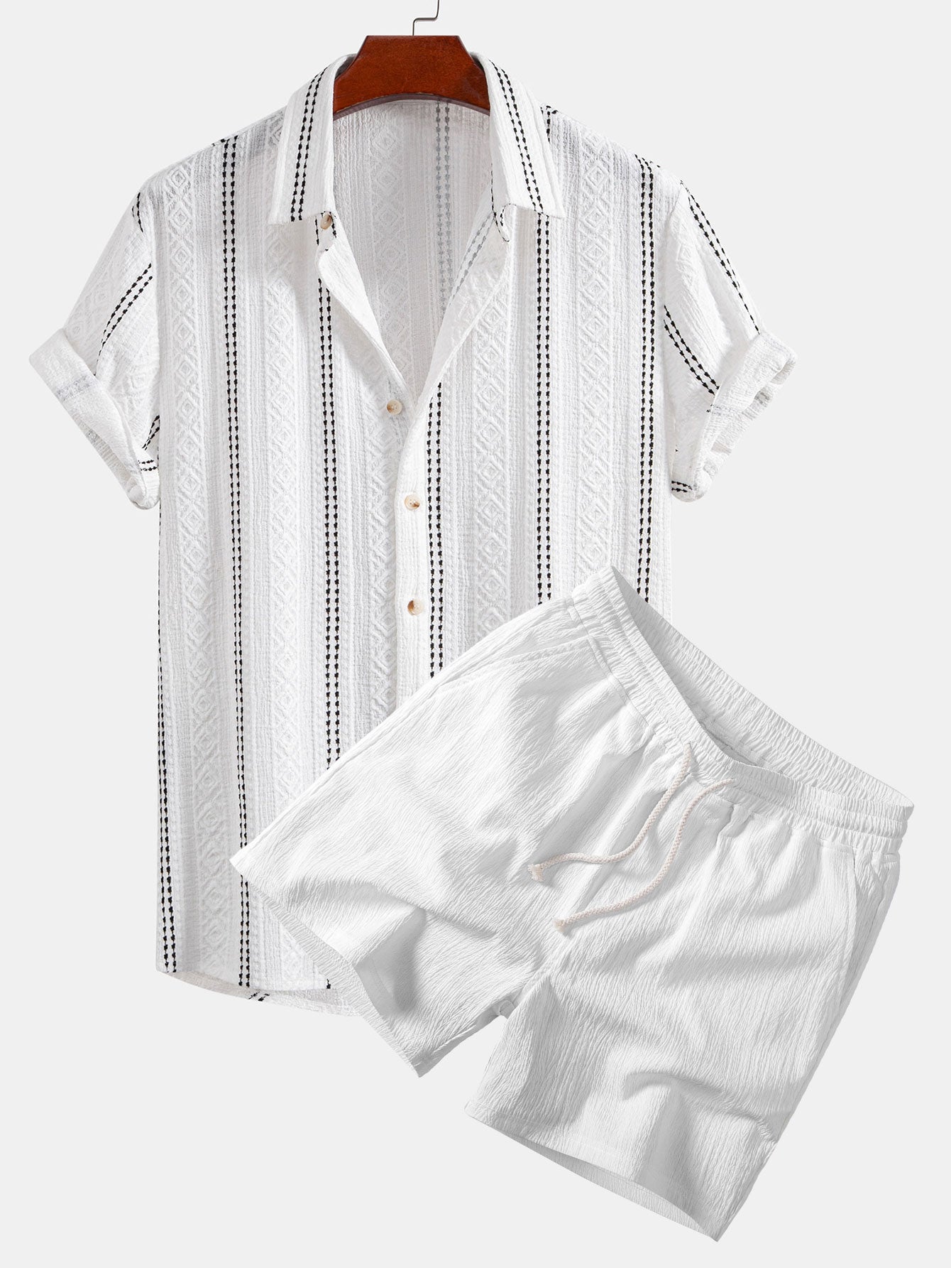 Geometrisch gestreifte Jacquard-Knopfhemd & crinkle-texturierte Shorts mit Kordelzug (5")