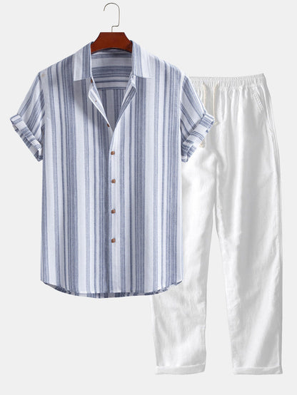 Gestreifte Leinen-Look Hemd mit Knopfleiste & gerade Leinenhose