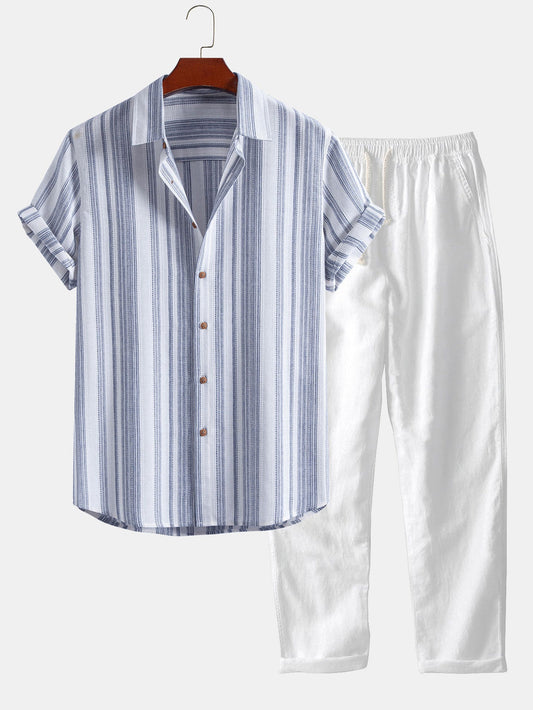 Gestreifte Leinen-Look Hemd mit Knopfleiste & gerade Leinenhose