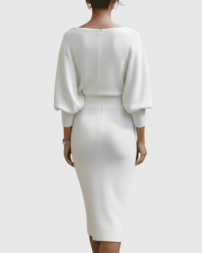 Ismeria | Weiß Drapiertes Midikleid mit Fledermausflügel