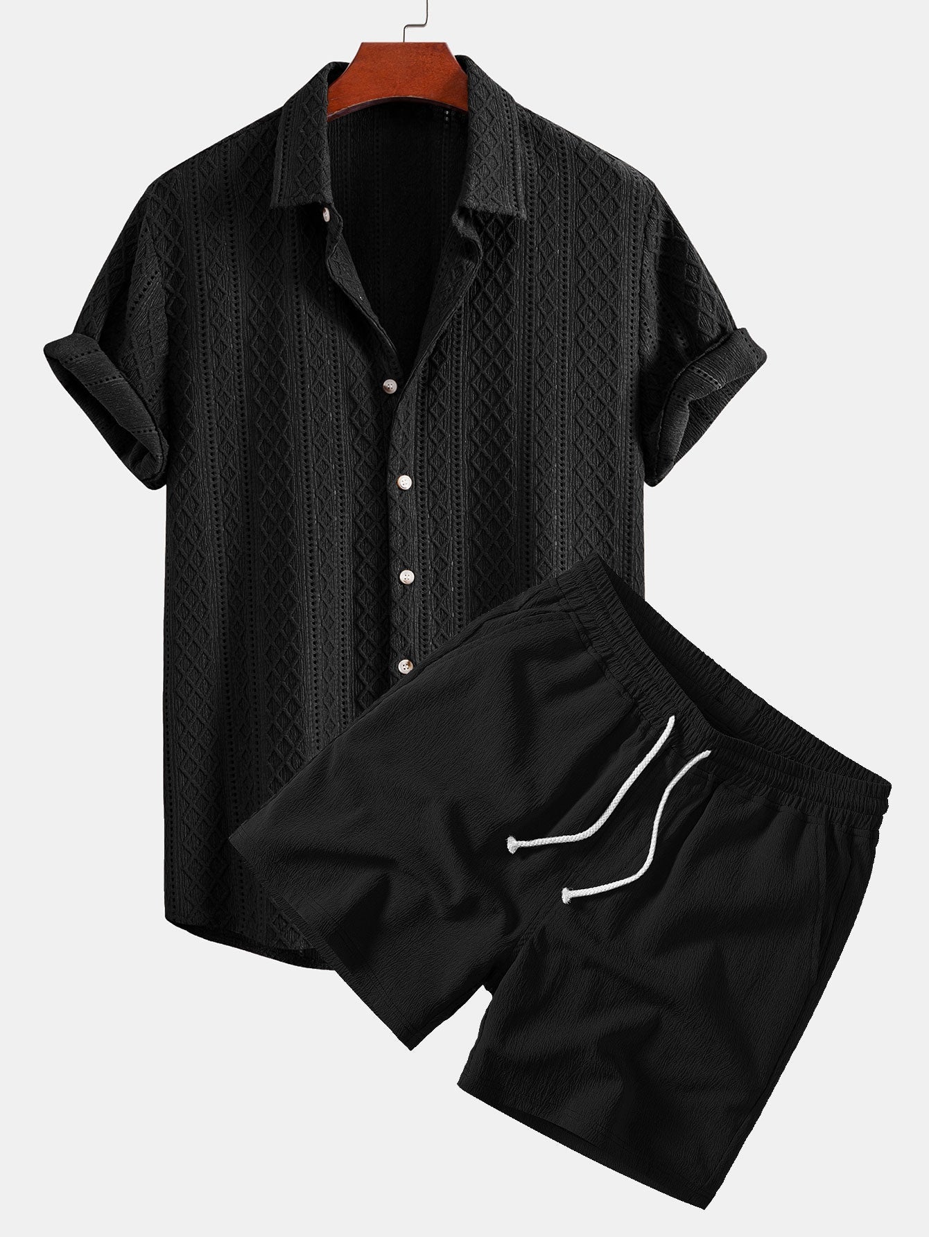 Geometrisches Rhombus-Jacquard Hemd mit Knopfleiste & Crinkle-texturierten 5" Shorts
