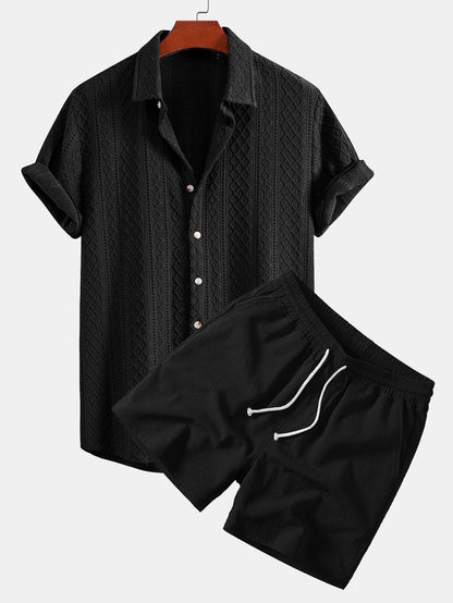 Geometrisches Rhombus-Jacquard Hemd mit Knopfleiste & Crinkle-texturierten 5" Shorts