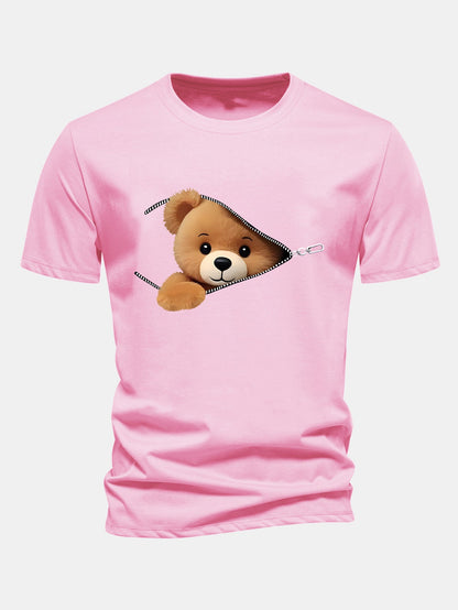 Reguläre Passform Reißverschluss Bären Druck Baumwoll T-Shirt