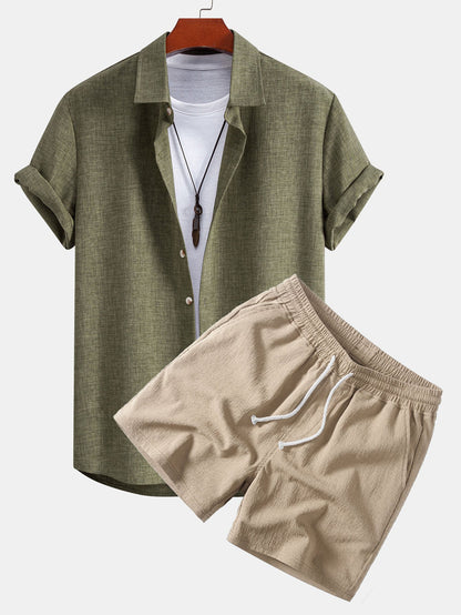 Leinenlook Button-Up Hemd & Crinkle Texturierte 5" Shorts mit Kordelzug