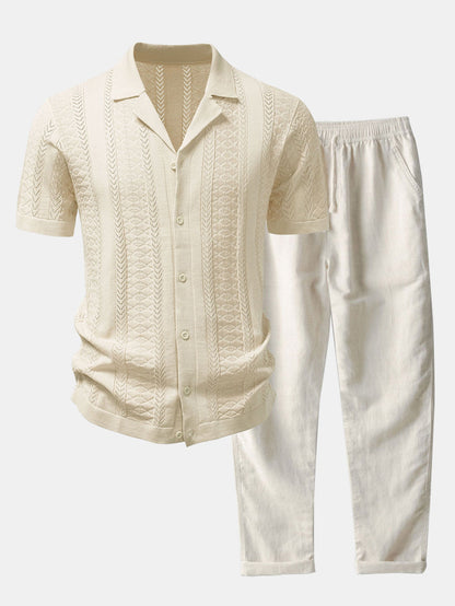 Texturiertes Jacquard Offenes Strickhemd & Gerade Beinform Leinenhose
