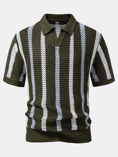 Gestreiftes Häkel V-Ausschnitt Polo