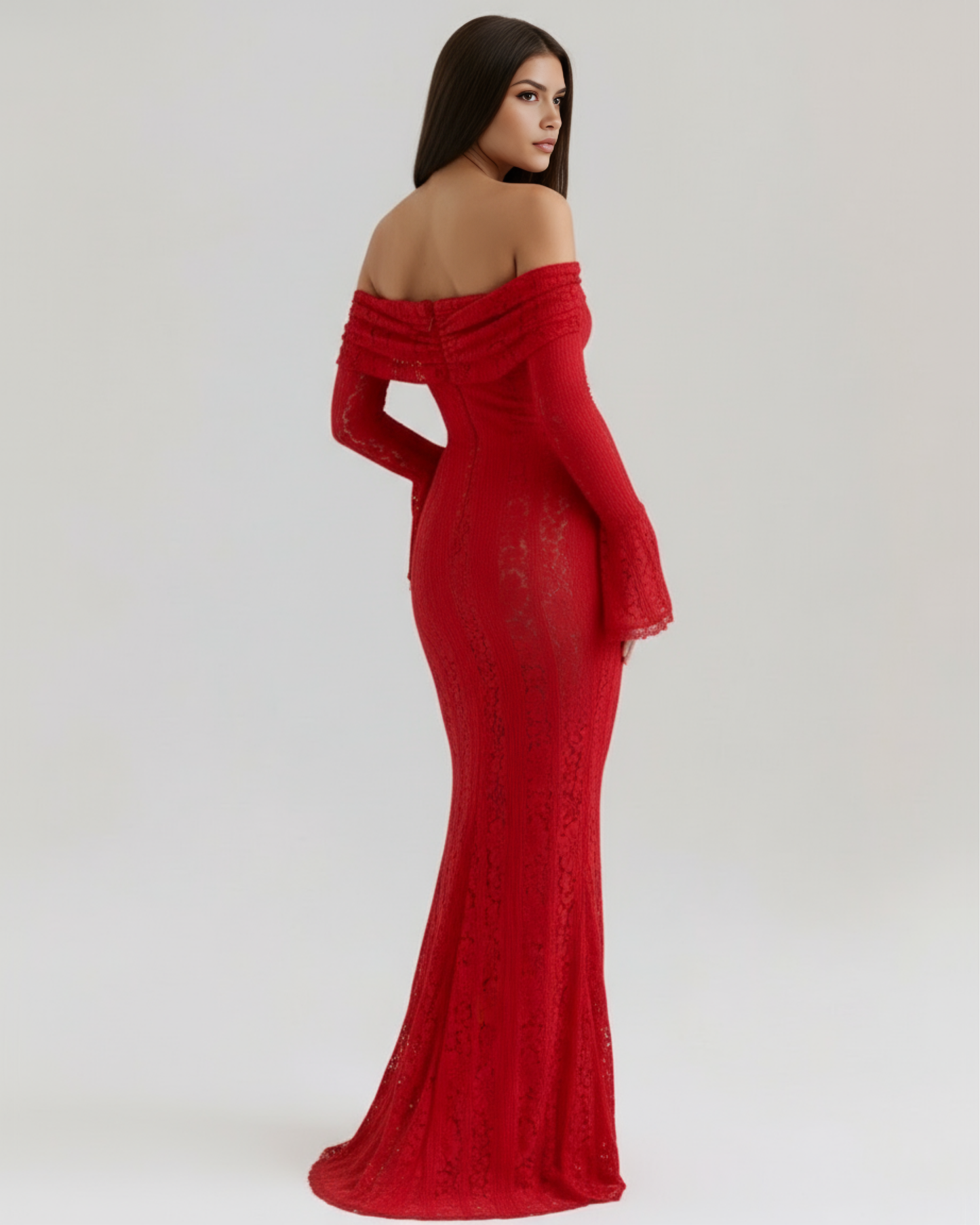 Langes Spitzenkleid mit Bardot-Ausschnitt
