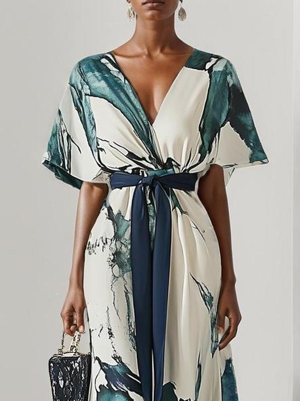 Trendiges V-Ausschnitt Maxikleid mit kurzen Ärmeln