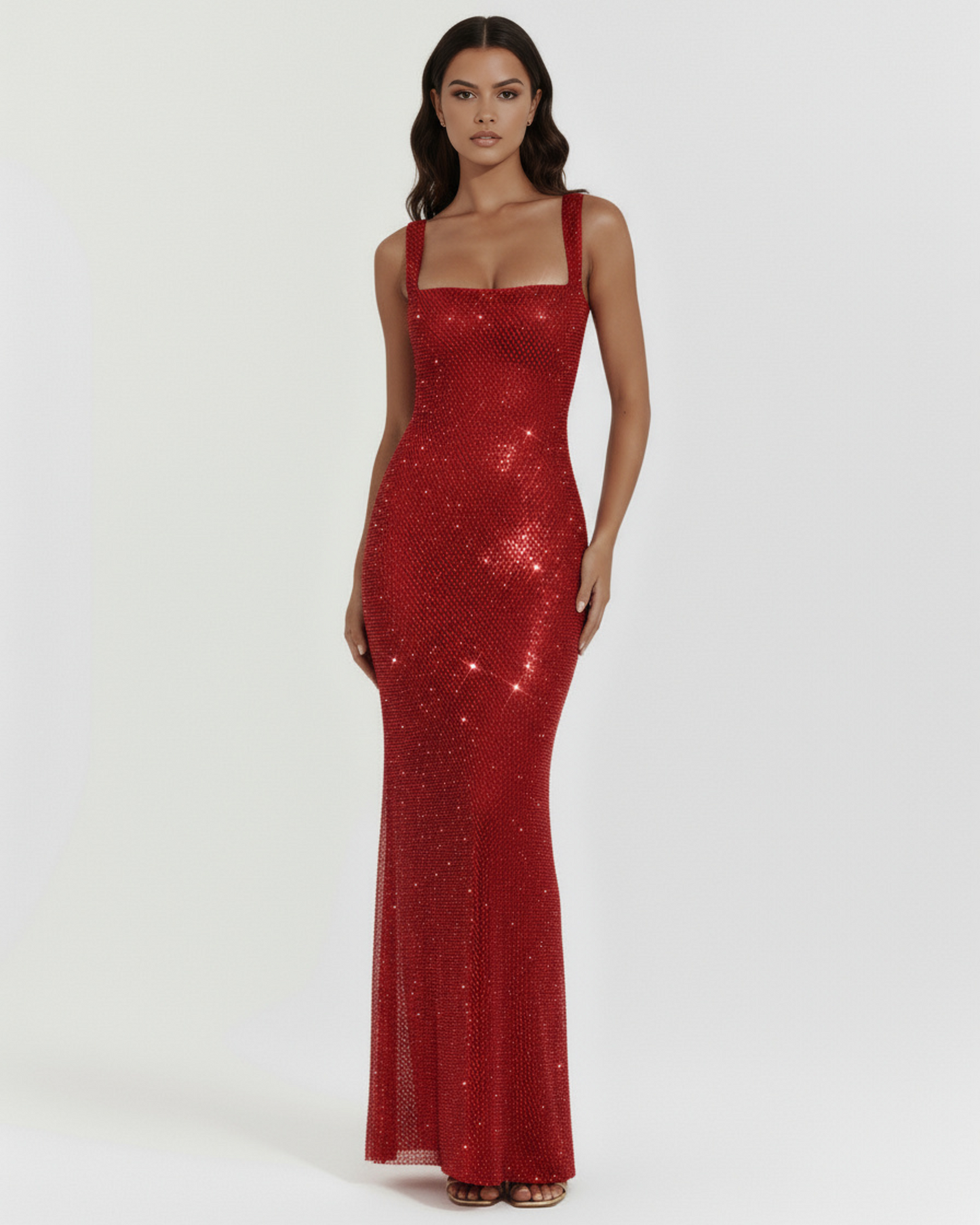Glänzendes langes Kleid mit quadratischem Ausschnitt