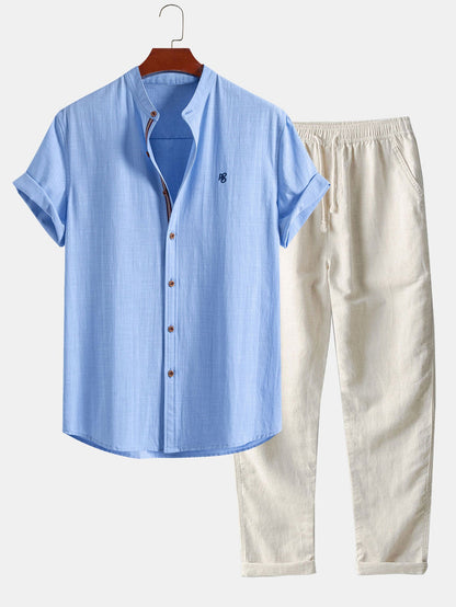 Kurzärmliges Hemd im Leinen-Look mit Stehkragen & gerade geschnittene Leinenhose