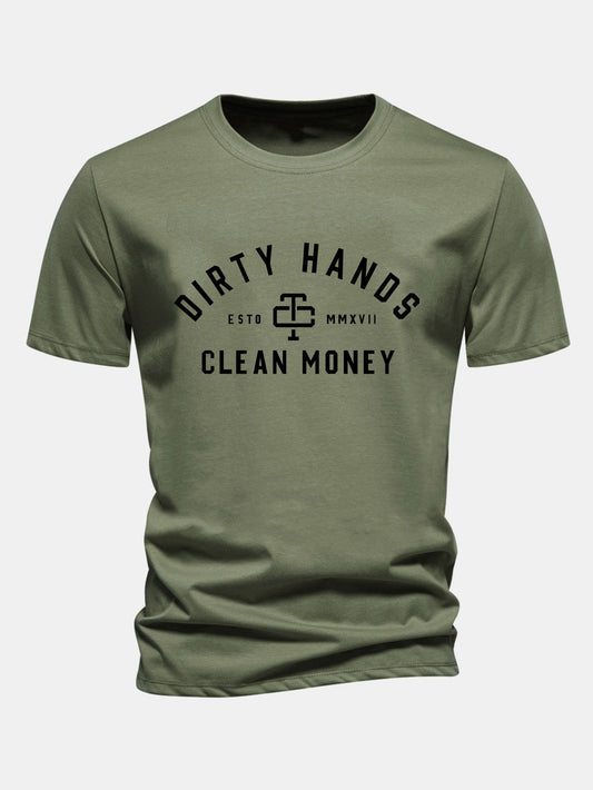 Regulär Passform Dirty Hands Clean Money Druck Baumwoll-T-Shirt