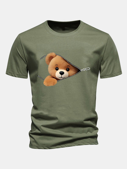 Reguläre Passform Reißverschluss Bären Druck Baumwoll T-Shirt