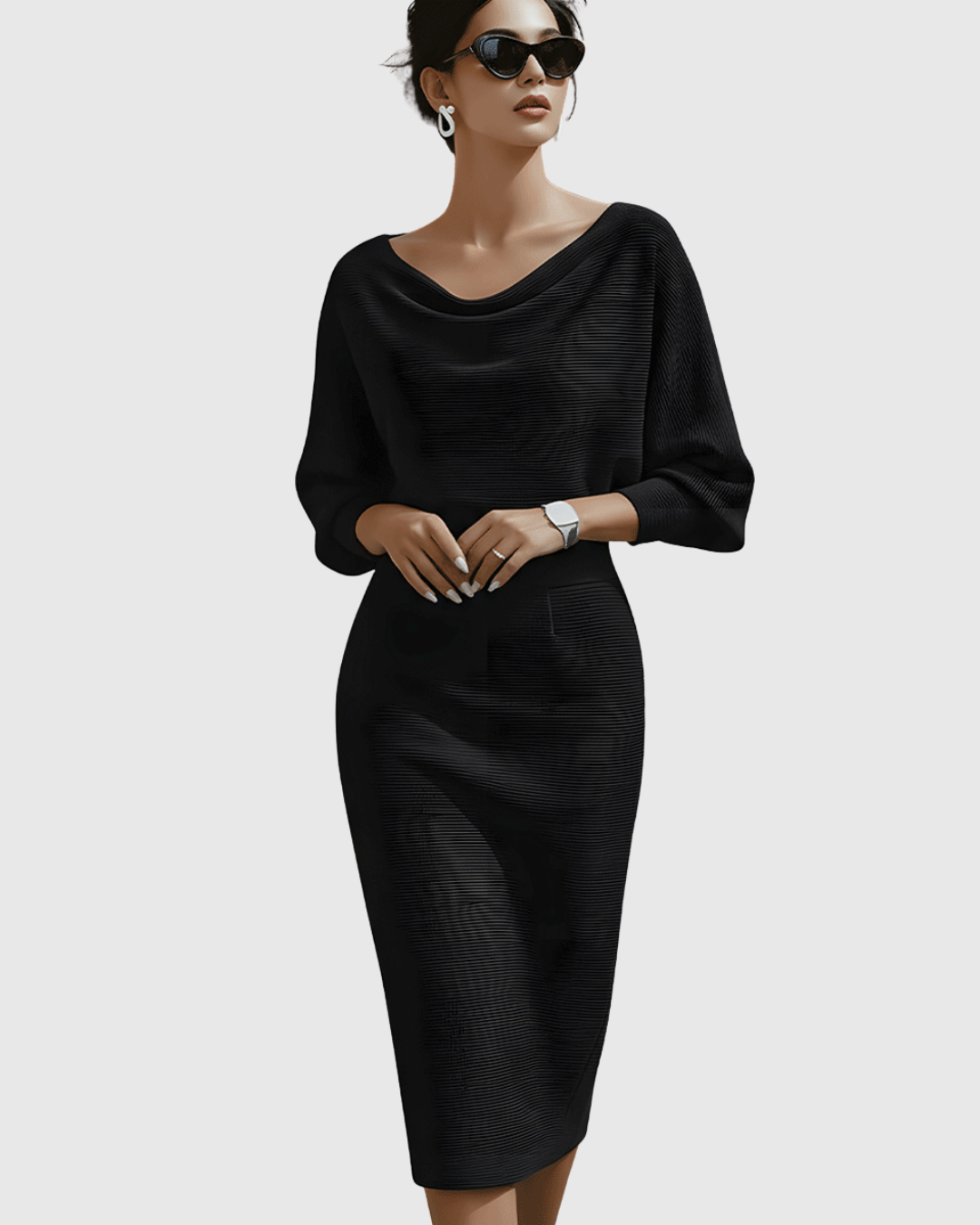 Ismeria | Weiß Drapiertes Midikleid mit Fledermausflügel