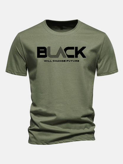 Regulär geschnittenes schwarzes Druck Baumwoll-T-Shirt