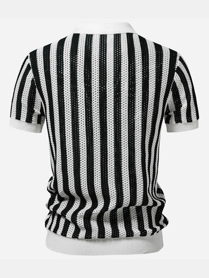 Streifen Johnny Kragen Offenes Strick Polo & Gerade Beinform Leinenhose