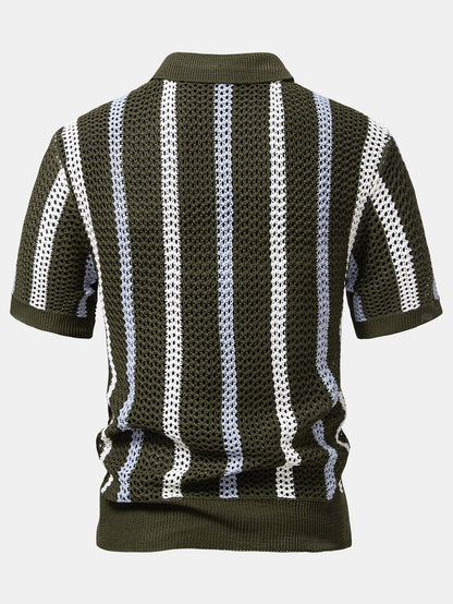 Gestreiftes Häkel V-Ausschnitt Polo