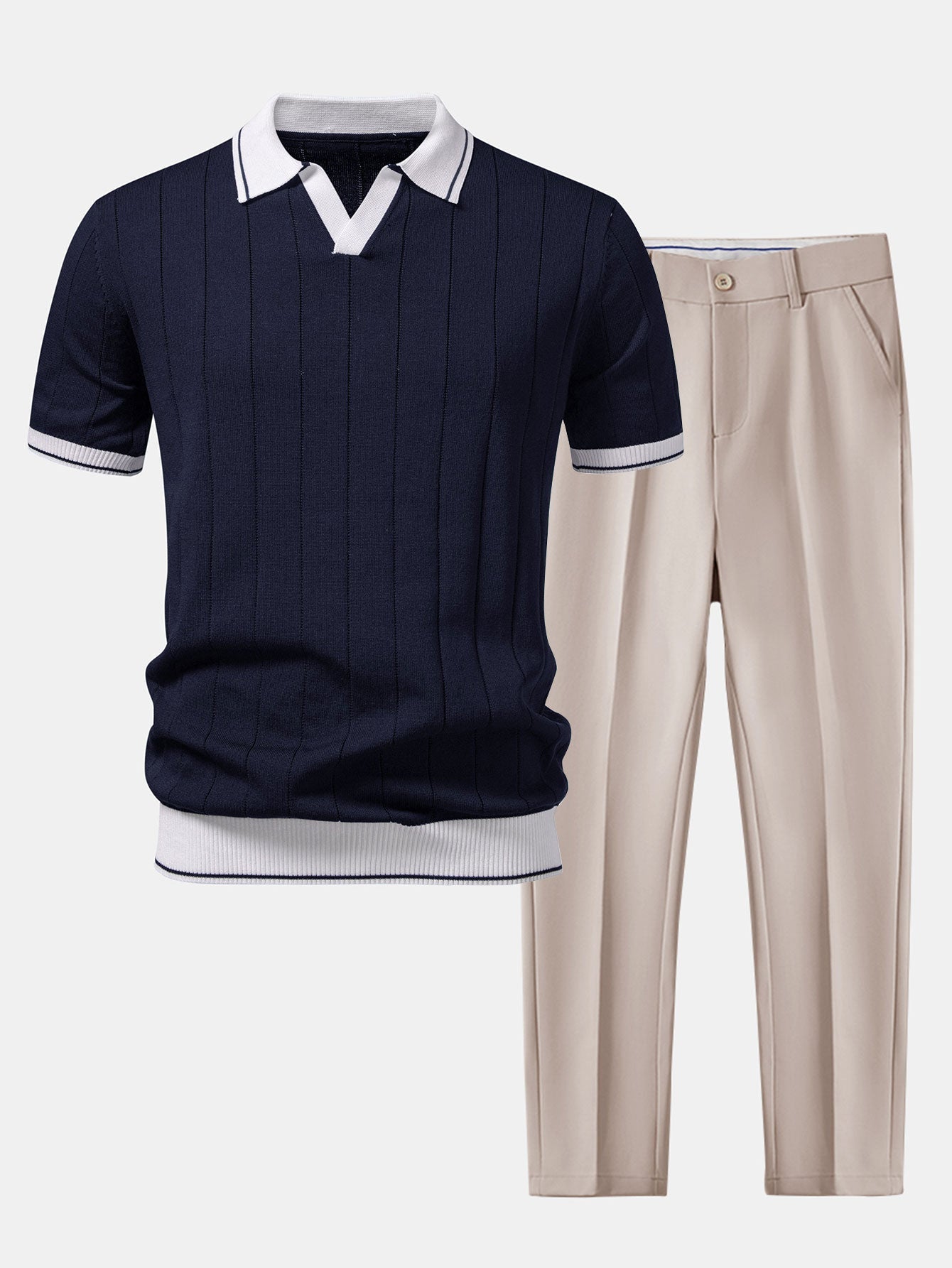 Kontrastbesatz Geripptes Johnny-Kragen Strick-Polo & Slim Fit Tapered Hose