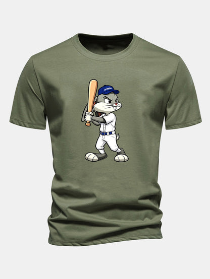 Regulär geschnittenes Baseball T-Shirt mit Kaninchenprint aus Baumwolle