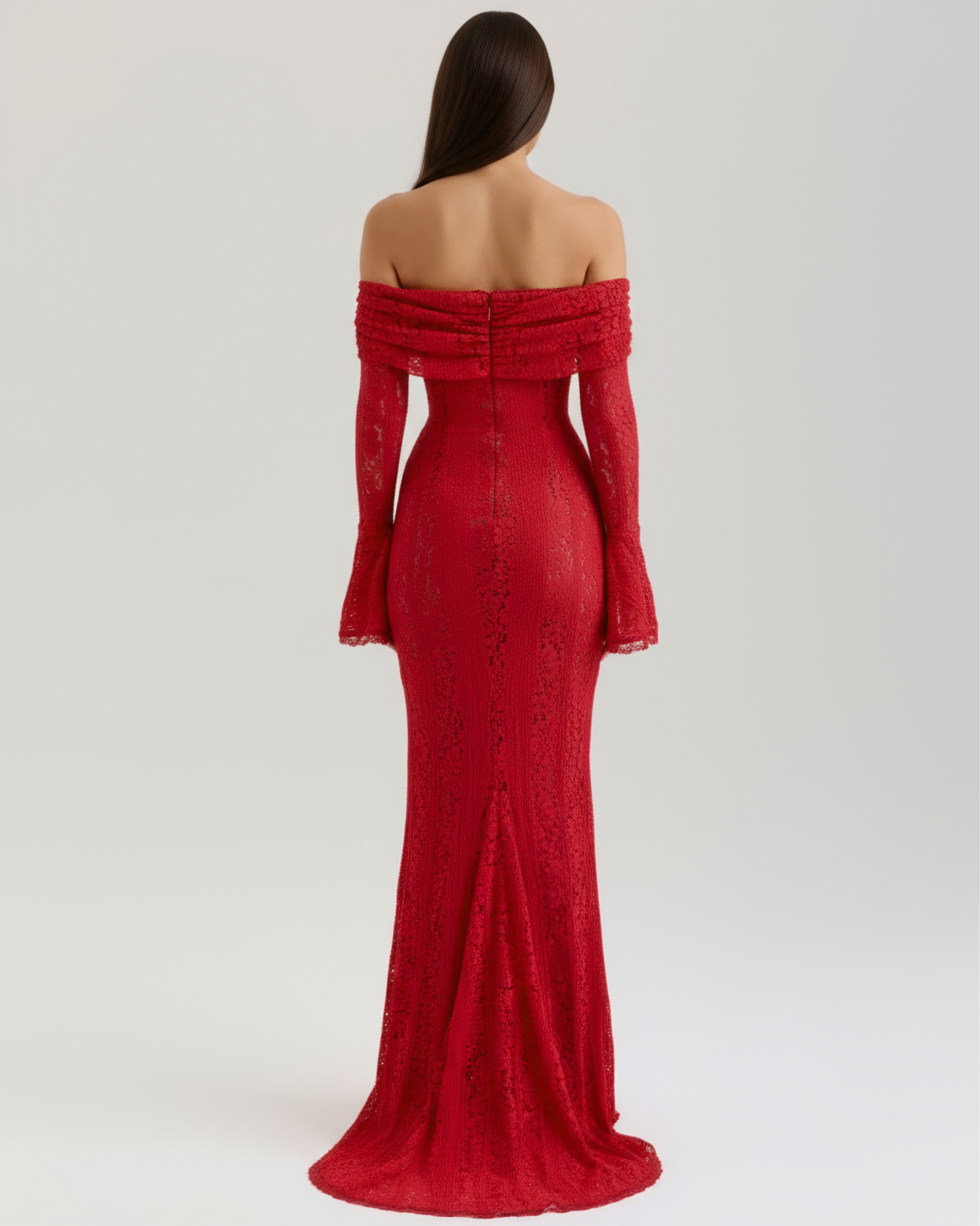 Langes Spitzenkleid mit Bardot-Ausschnitt