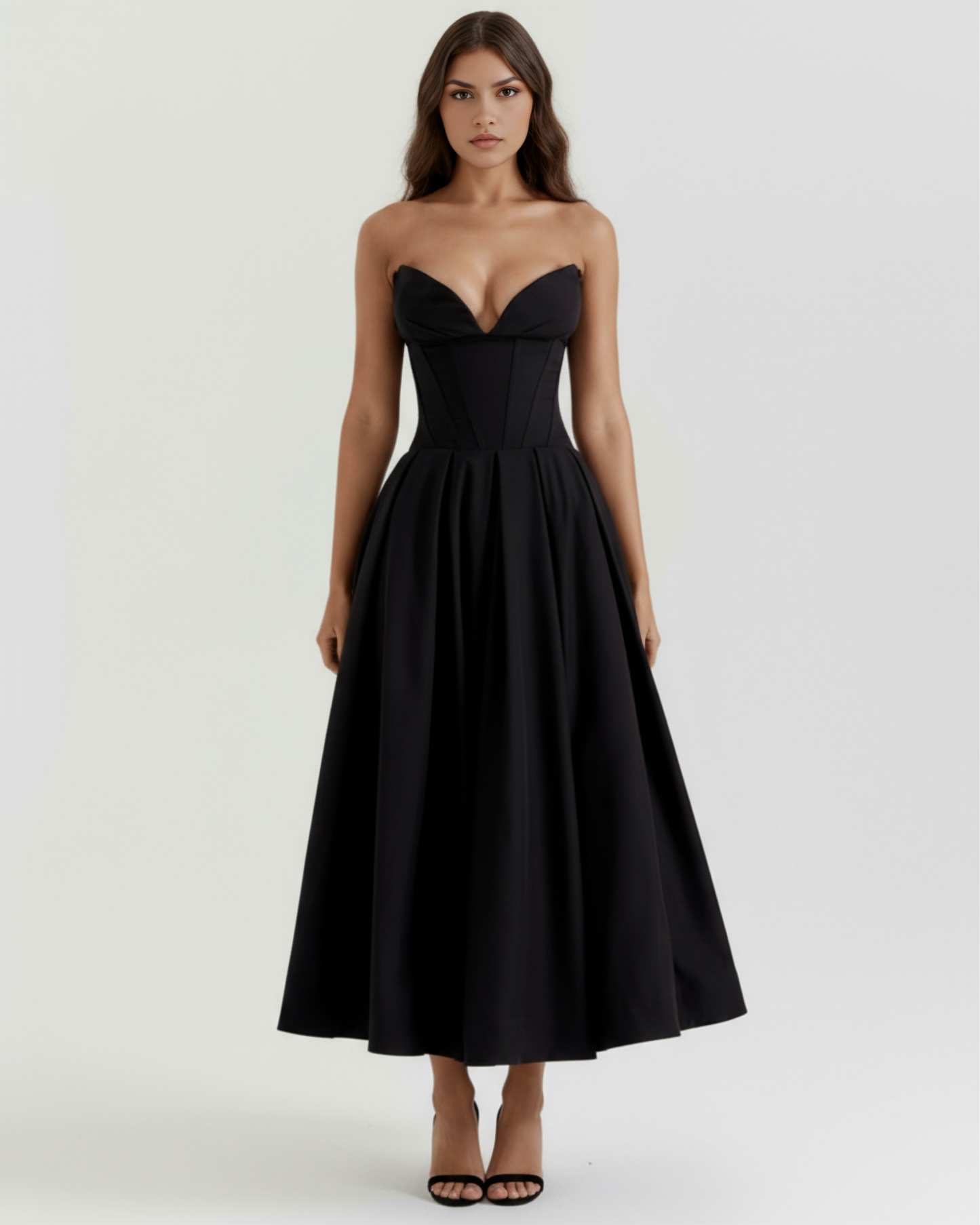 Midi strapless Kleid mit vollem Rock