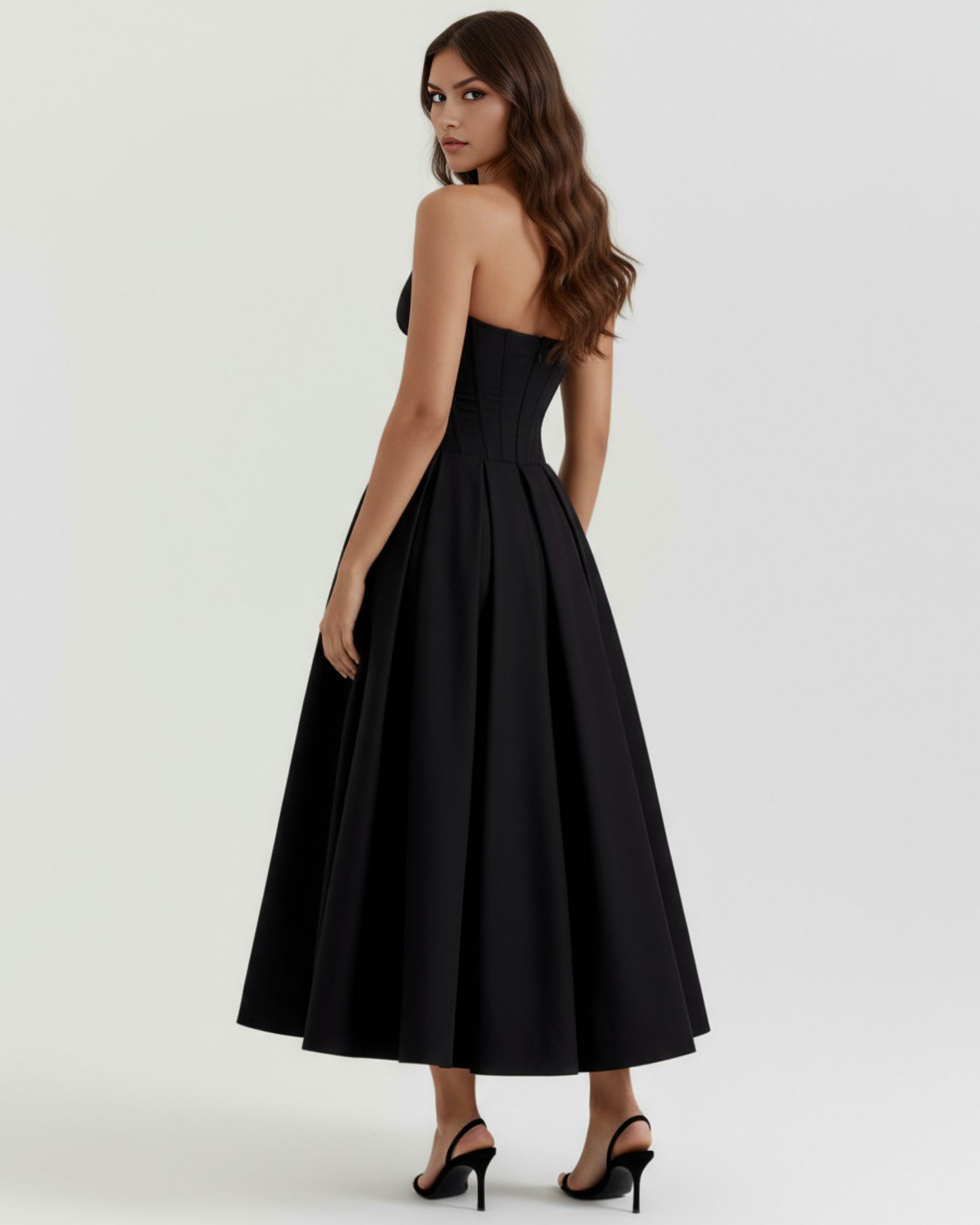Midi strapless Kleid mit vollem Rock