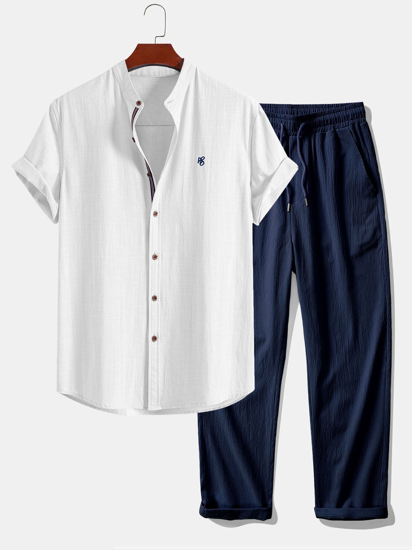 Kurzarm-Leinenlook-Hemd mit Stehkragen & crinkle-texturierten geraden Hosen