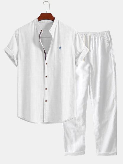 Kurzärmliges Hemd im Leinen-Look mit Stehkragen & gerade geschnittene Leinenhose