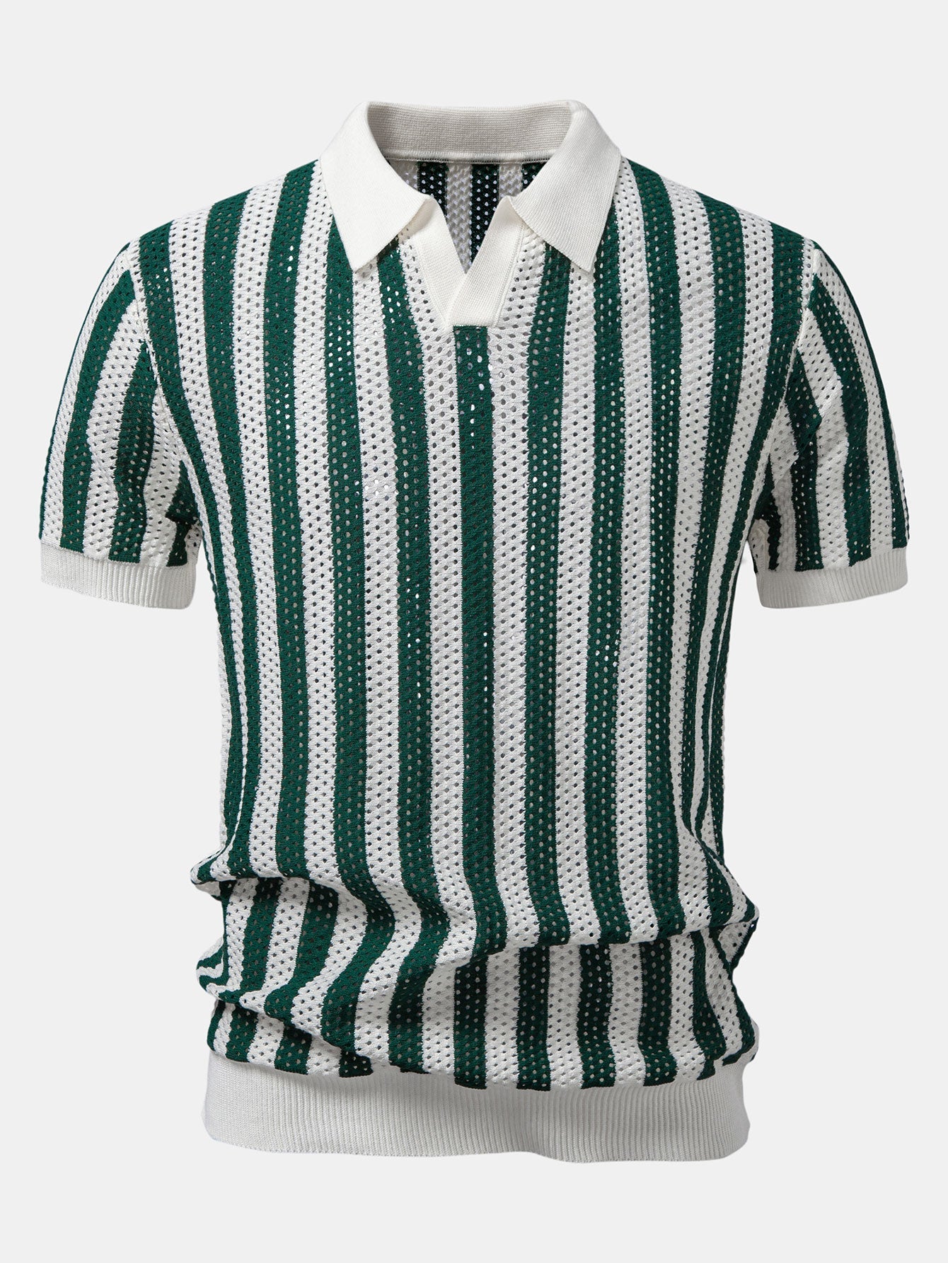 Streifen Johnny Kragen Offenes Strick Polo & Gerade Beinform Leinenhose