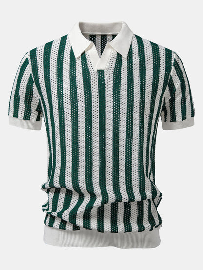 Streifen Johnny Kragen Offenes Strick Polo & Gerade Beinform Leinenhose