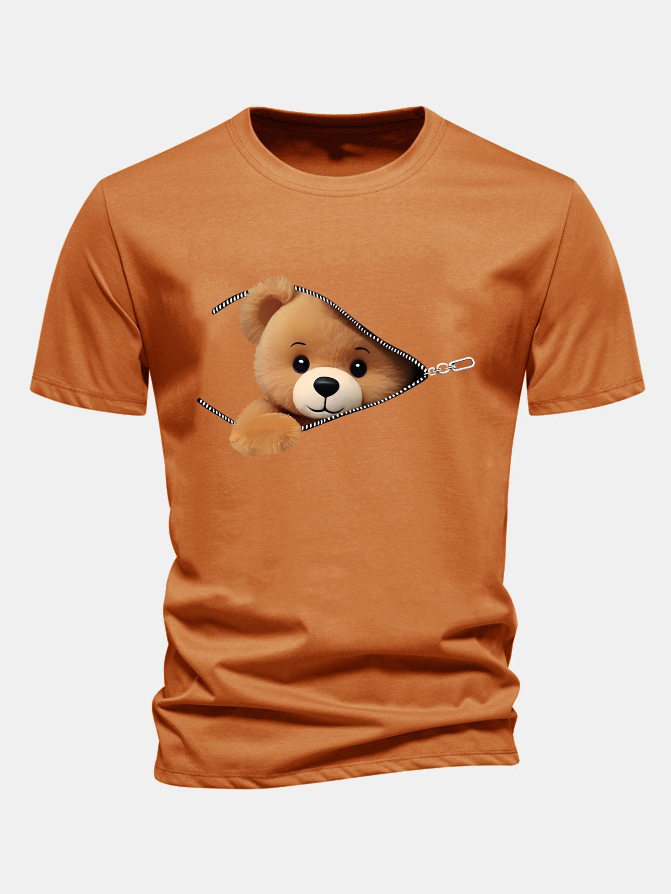Reguläre Passform Reißverschluss Bären Druck Baumwoll T-Shirt