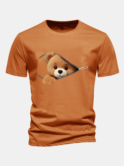 Reguläre Passform Reißverschluss Bären Druck Baumwoll T-Shirt