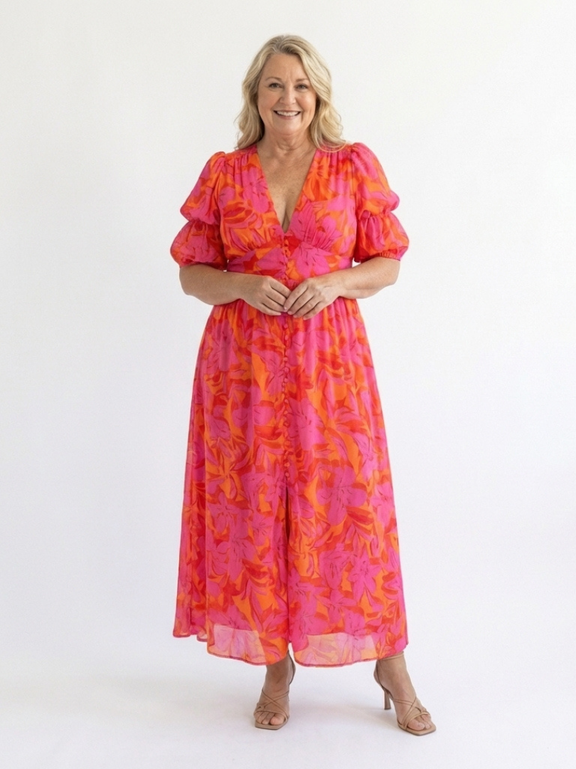 Willow | Florales V-Ausschnitt Midi-Kleid mit Puffärmeln