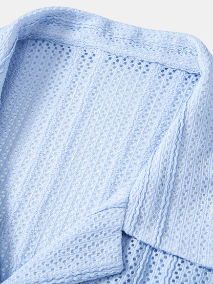 Offenes Stricktexturiertes Hemd mit Kubanischem Kragen & Gerade Geschnittene Leinenhose