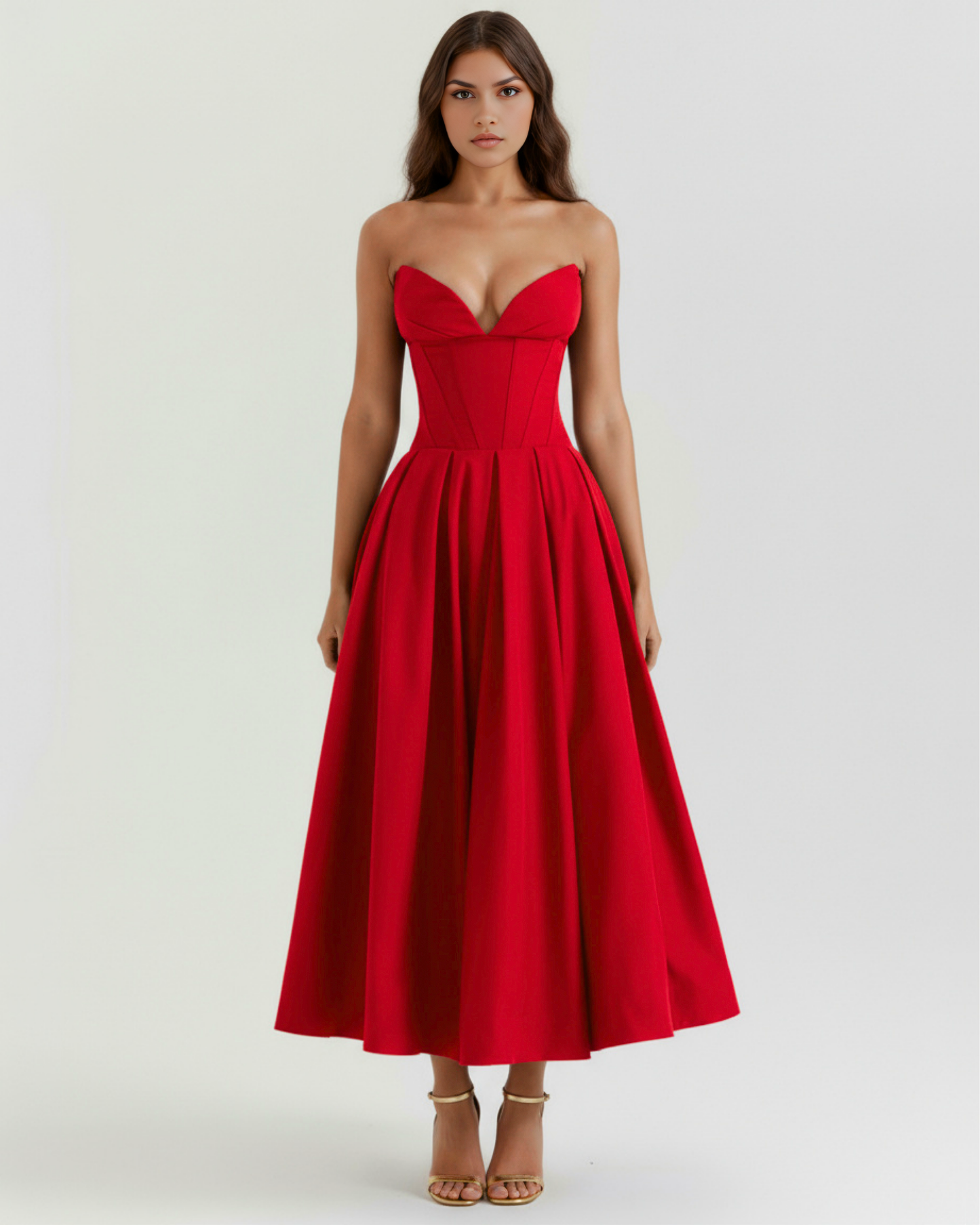 Midi strapless Kleid mit vollem Rock