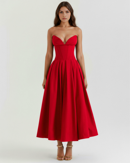 Midi strapless Kleid mit vollem Rock