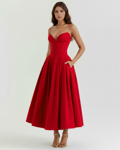 Midi strapless Kleid mit vollem Rock