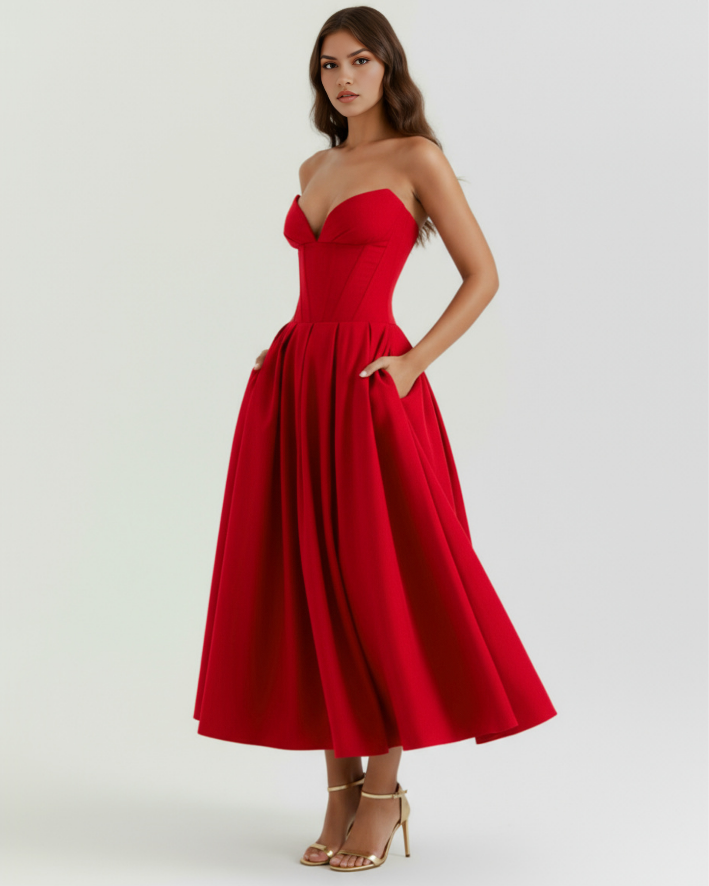 Midi strapless Kleid mit vollem Rock