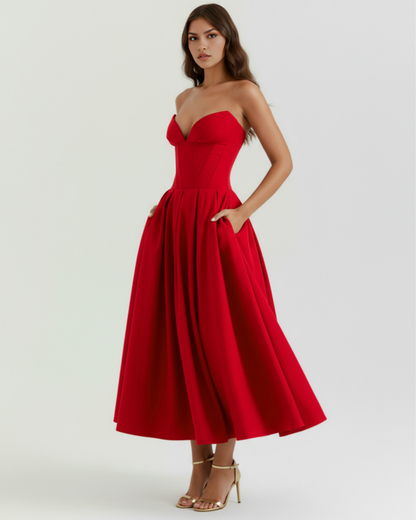 Midi strapless Kleid mit vollem Rock