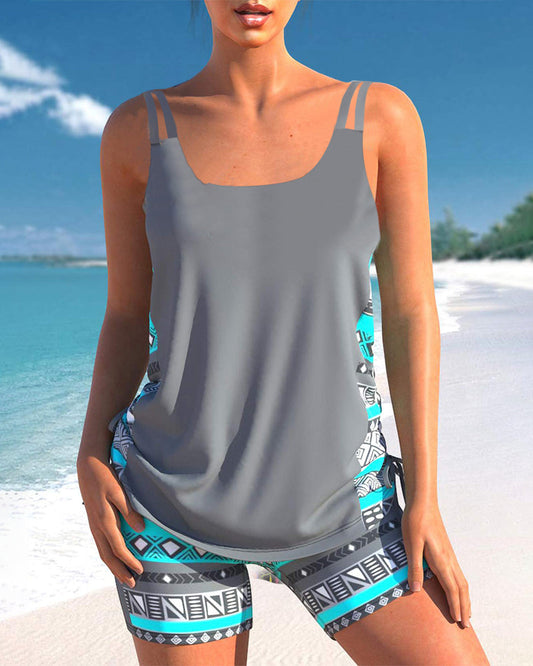 Tankinis mit geometrischem Muster und V-Ausschnitt