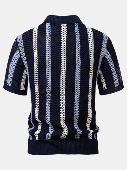 Gestreiftes Häkel V-Ausschnitt Polo