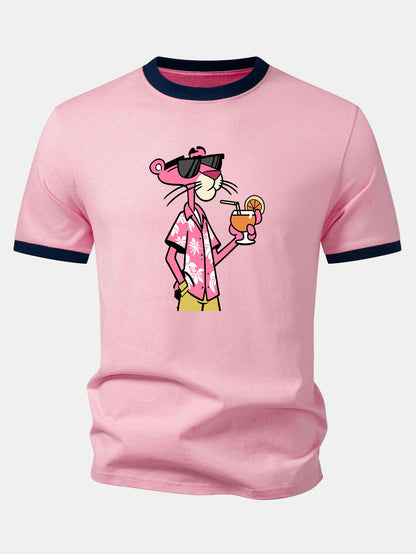 Urlaubs-Pink-Panther-Print Kontrast-Ringer-T-Shirt & Corduroy 7" Shorts
